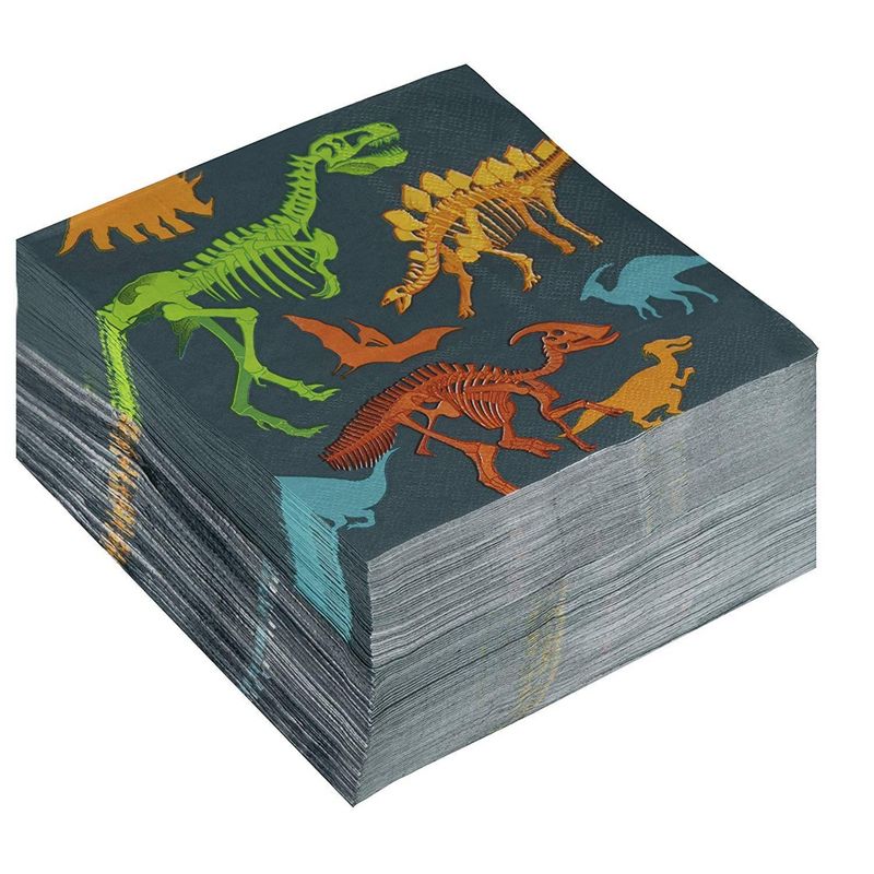 Dino Napkins - 100-Pack Dinosaur Fossil Skeleton Disposable Paper Napkins, Kids Birthday Dinosaur Party Supplies, Luncheon Size Folded 6.5 x 6.5 Inches