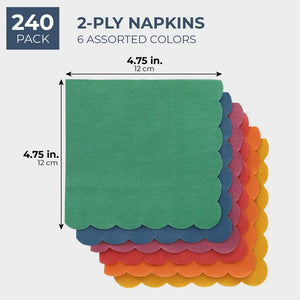 Scalloped Edged Cocktail Napkins (5 x 5 In, 6 Colors, 240-Pack)
