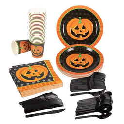 Pumpkin Halloween Party Supplies, Includes Plates, Napkins, Cups and Cutlery (Serves 24, 144 Pieces)