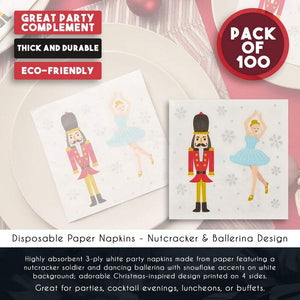 Cocktail Napkins - 100-Pack Disposable Paper Napkins, Christmas Holidays Dinner Party Supplies, 3-Ply, Nutcracker and Ballerina Design, White, Unfolded 10 x 10 Inches, Folded 5 x 5 Inches