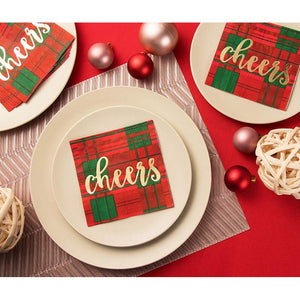 Cheers Plaid Paper Napkins for Christmas Holiday Party Supplies (5 x 5 In, 50 Pack)