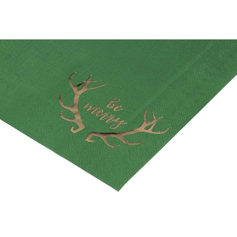 Be Merry Paper Napkins with Gold Foil for Christmas Party (Green, 5 x 5 In, 50 Pack)