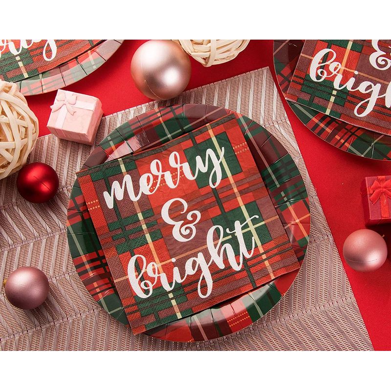 Merry and Bright Party Decorations Paper Napkins (6.5 x 6.5 In, Plaid, 100 Pack)