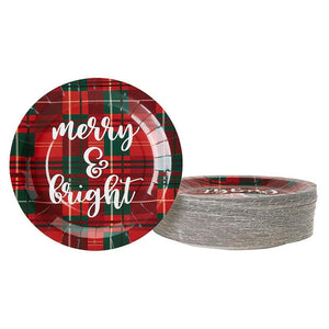 Red Plaid Paper Plates for Holiday Party, Merry and Bright (9 In, 80 Pack)