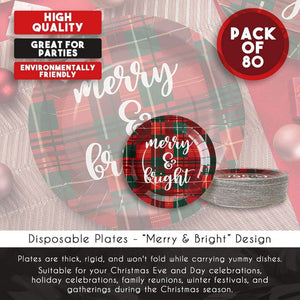 Red Plaid Paper Plates for Holiday Party, Merry and Bright (9 In, 80 Pack)