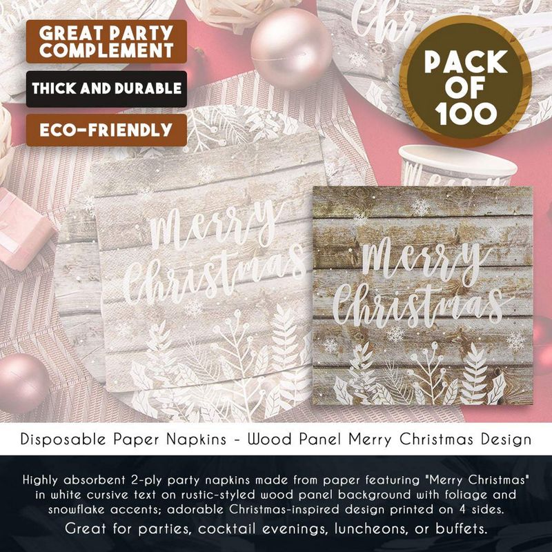 Merry Christmas Party Decorations, Wood Panel Napkins (6.5 x 6.5 In, 100 Pack)