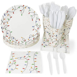 Christmas Lights Dinnerware Set, Paper Plates, Plastic Cutlery, Cups, and Napkins (Serves 24, 144 Pieces)
