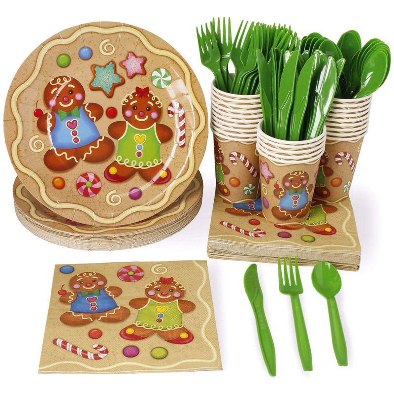 Holiday Dinnerware Set, Paper Plates, Plastic Cutlery, Cups, and Napkins (Serves 24, 144 Pieces)