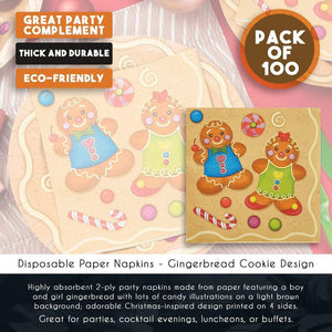 Gingerbread Cookie Napkins, Christmas Holiday Party Supplies (6.5 x 6.5 In, 100 Pack)