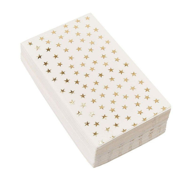 Gold Dinner Napkins - 50-Pack Gold Foil Stars Disposable Paper Napkins, Wedding, Bridal Shower, Birthday Party Supplies, Scattered Stars Print, 1/6 Fold 3-Ply, White, Folded 4 x 8 Inches