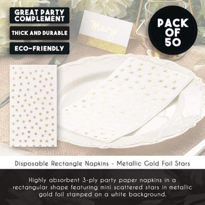 Gold Dinner Napkins - 50-Pack Gold Foil Stars Disposable Paper Napkins, Wedding, Bridal Shower, Birthday Party Supplies, Scattered Stars Print, 1/6 Fold 3-Ply, White, Folded 4 x 8 Inches