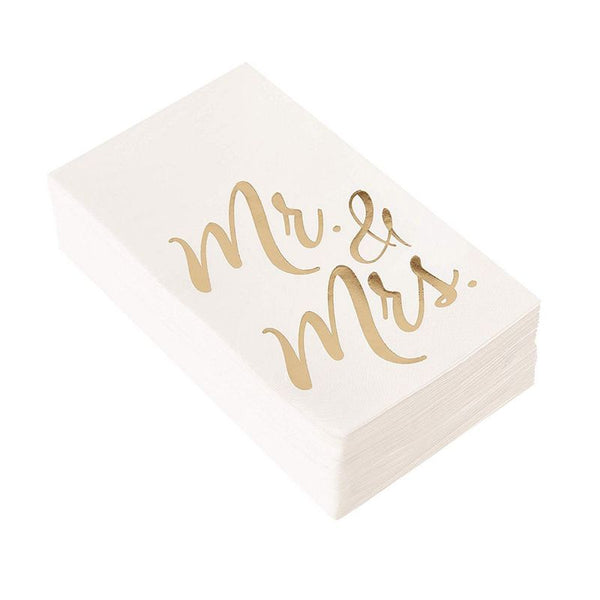 Wedding Dinner Napkins - 50-Pack Mr and Mrs Gold Foil Paper Napkins, 1/6 Fold 3-Ply, Wedding, Anniversary Disposable Party Supplies, White, Folded 4 x 8 Inches