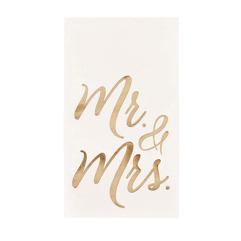 Wedding Dinner Napkins - 50-Pack Mr and Mrs Gold Foil Paper Napkins, 1/6 Fold 3-Ply, Wedding, Anniversary Disposable Party Supplies, White, Folded 4 x 8 Inches