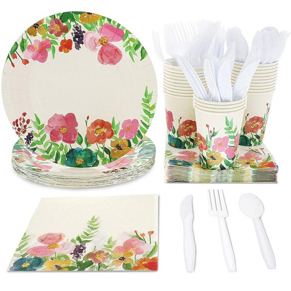 Watercolor Floral Party Bundle, Includes Plates, Napkins, Cups, and Cutlery (24 Guests,144 Pieces)