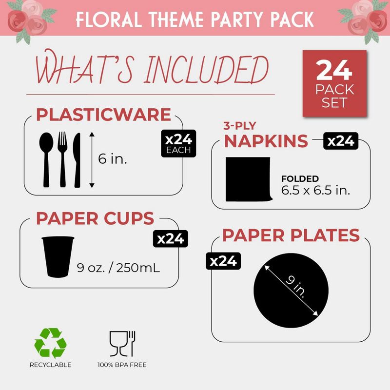 Juvale 144-Piece Tea Party Supplies - Floral Paper Plates, Napkins, Cups  and Cutlery for Wedding, Girls Baby Shower (Serves 24)
