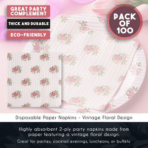 Floral Paper Napkins, Vintage Pink Roses Party Napkins (6.5 Inches, 100 Pack)