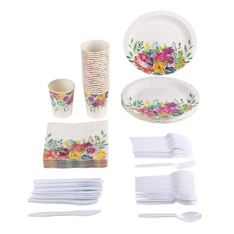 Andaz Press Modern Floral Party Plates and Napkins Set, Bulk 50-Pack, 9-Inch Plates, 7-Inch Plates, 6.5-Inch Lunch Napkins, Flower and Black Stripes