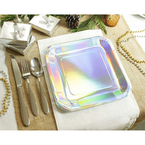 48 Pack of Silver Iridescent Party Plates, Square with Holographic Foil (9-Inch)