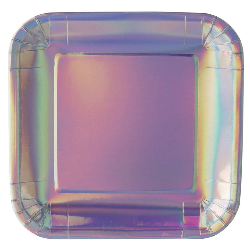 48 Pack of Silver Iridescent Party Plates, Square with Holographic Foil (9-Inch)