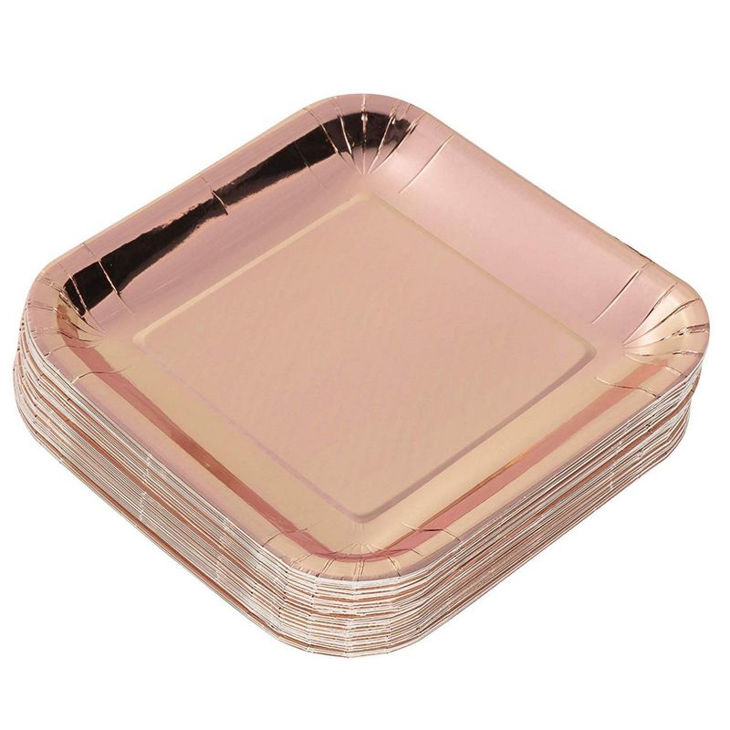 Disposable Plates - 48-Pack Square Paper Plates Party Supplies for Appetizer, Lunch, Dinner, and Dessert, Birthday Party, Metallic Rose Gold Foil, 7 x 7 Inches