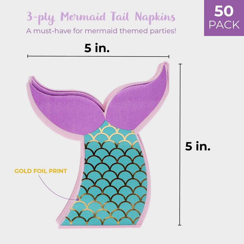 Mermaid Tail Paper Napkin for Birthday Party (5 x 5 Inches, 50 Pack)