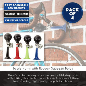 Juvale Bugle Horns for Bikes - 4-Pack Metal Bike Horns, Bicycle Bells with Rubber Squeeze Bulb, Bike Accessory for Kids Bike, Vehicles, Golf Carts, 4 Assorted Colors, 7 x 2.25 x 2.25 Inches