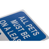 Dog Leash Sign - All Pets Must Be on Leash and Clean Up After Your Pet Warning, Indoor Outdoor Public Signage, Aluminum, White on Blue, 18 x 12 Inches