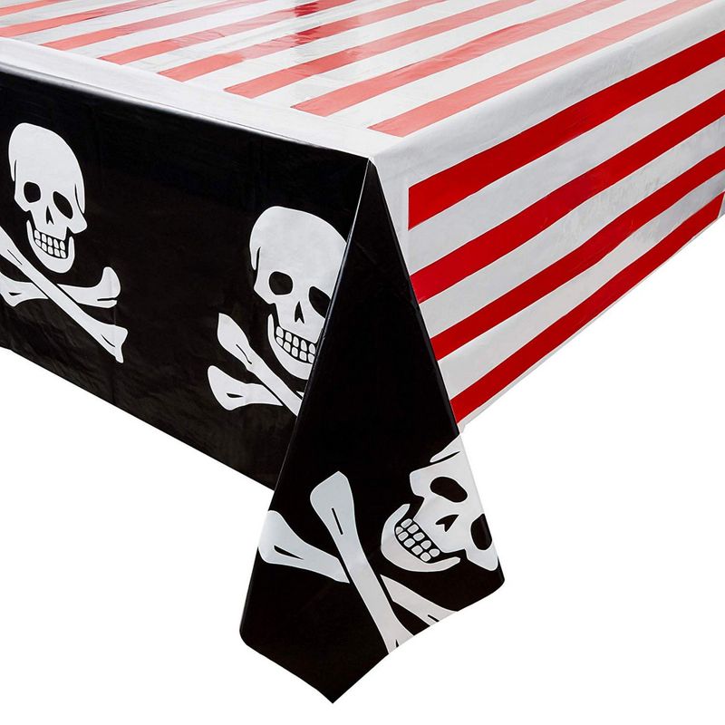 Skull and Crossbones Plastic Table Covers for Pirate Birthday Party (54 x 108 In, 6 Pack)