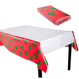 Plastic Tablecloths for Holiday Party, Christmas Tree Design (54 x 108 in, 6 Pack)