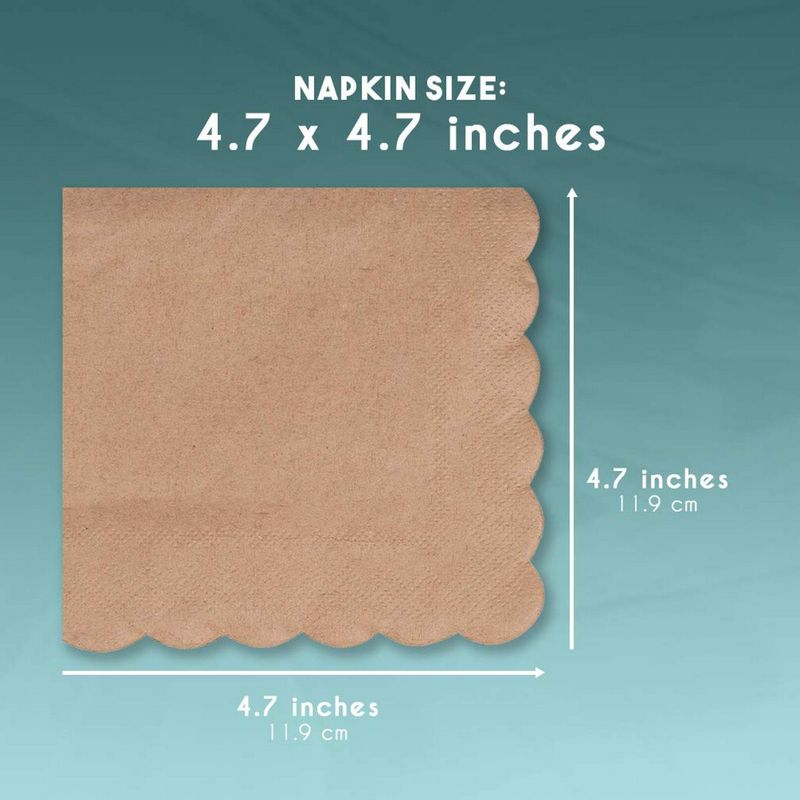 Kraft Scalloped Edge Paper Napkins (5 x 5 In, Brown, 100 Pack)