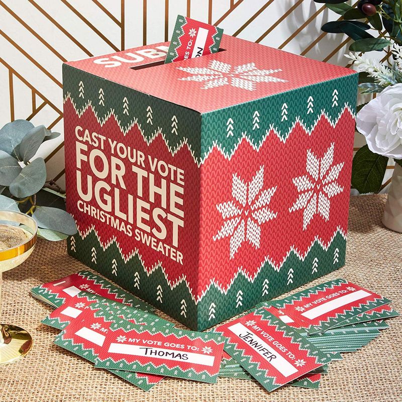 Ugly Christmas Sweater Contest Ballot Box and Voting Cards, Holiday Party Game (10 In)