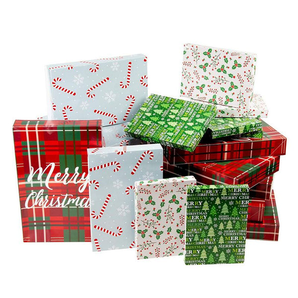 Gift Wrapping Paper Boxes with Lids for Christmas Presents (3 Sizes, 4 Designs)