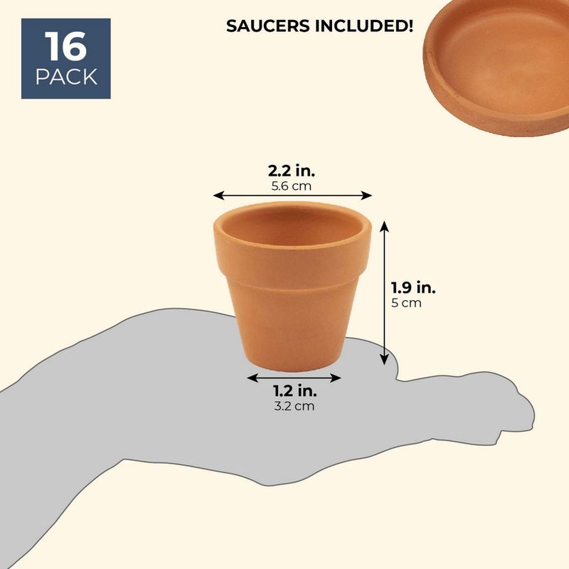 Juvale Small Terra Cotta Pots with Saucer- 16-Pack Clay Flower Pots with Saucers, Mini Flower Pot Planters for Indoor, Outdoor Plant, Succulent Display, Brown - 2.2 x 1.9 inches