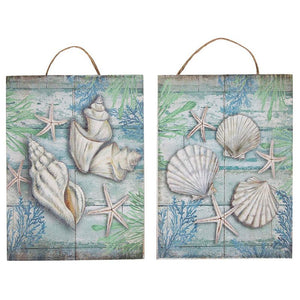 Juvale Wooden Wall Ornament - 2-Piece Small Hanging Decorations Under The Sea Seashells Design, Natural Decor Living Room, Hallway Dining Room, 8 x 5.9 x 0.9 inches