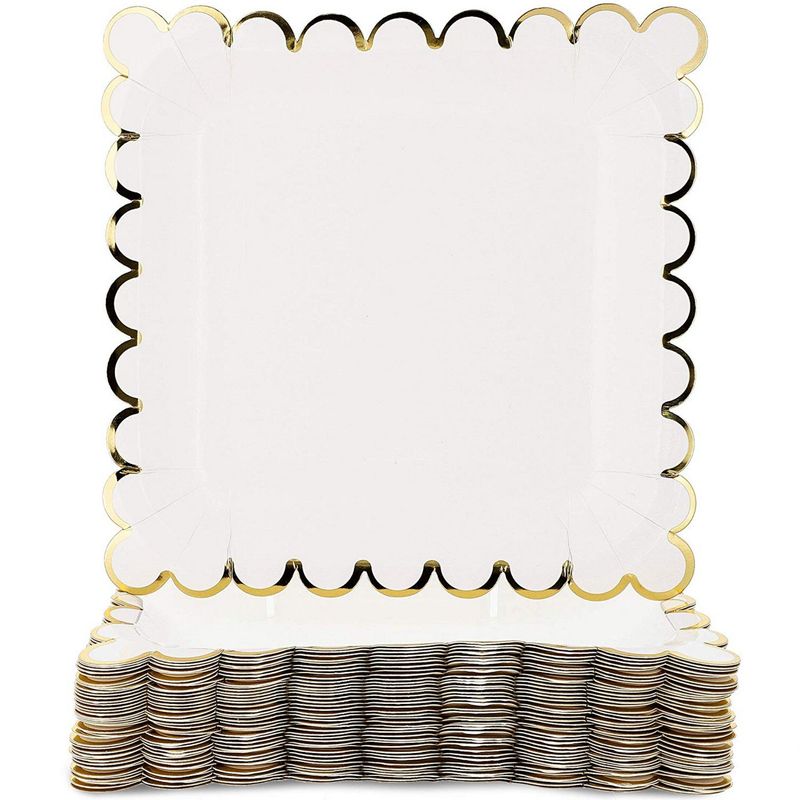 Juvale 48-Count White Square Paper Party Plates with Gold Foil Scalloped Edge, 7 Inches