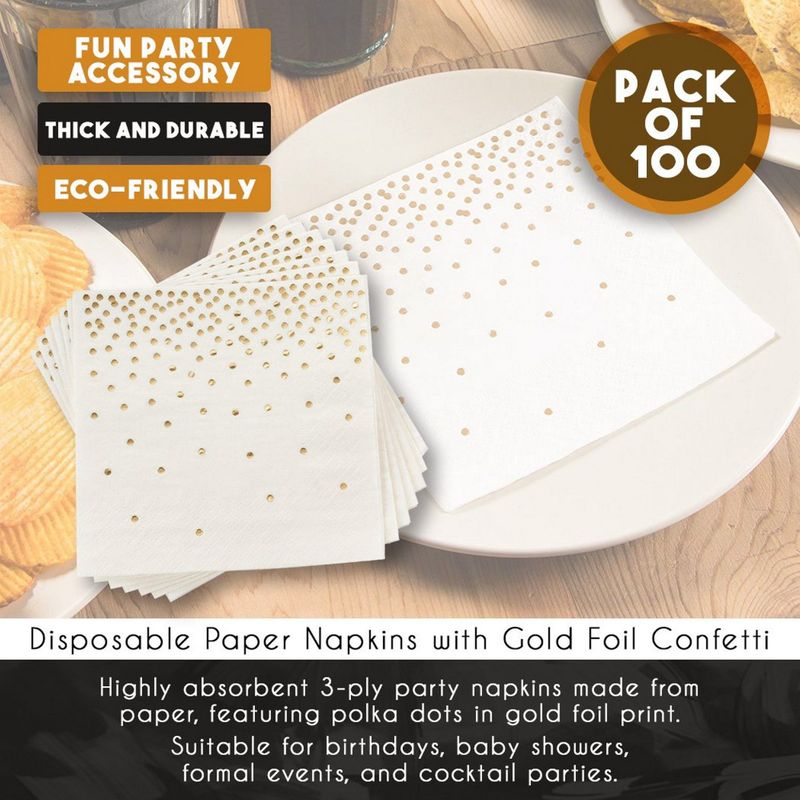 Polka Dot Party Supplies, White Paper Napkins (5 x 5 In, Gold Confetti Foil, 100 Pack)