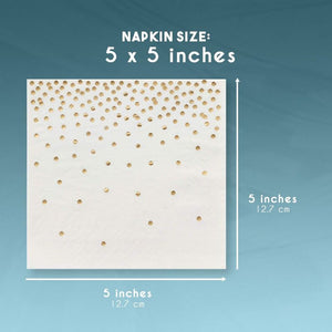 Polka Dot Party Supplies, White Paper Napkins (5 x 5 In, Gold Confetti Foil, 100 Pack)