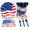 American Flag Party Bundle, Includes Paper Plates, Napkins, Cups and Cutlery (Serves 24, 144 Total Pieces)