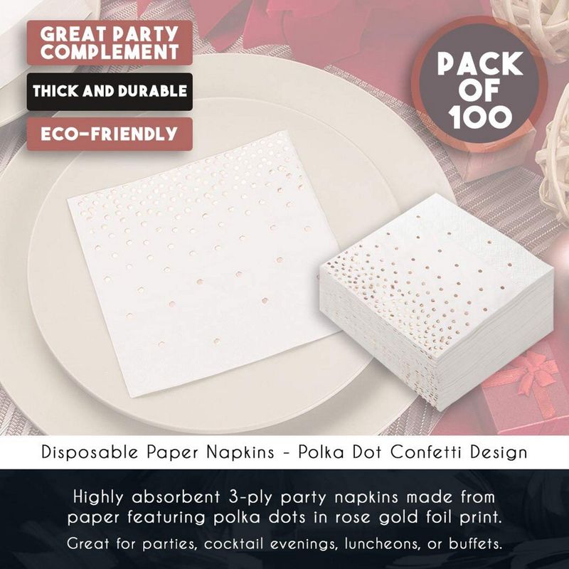 100 Pack of Cocktail Napkins with Rose Gold Foil Polka Dot Confetti (5 x 5 In)