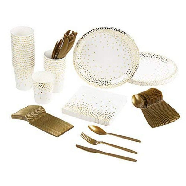 Gold Confetti Party Pack, Includes Plates, Napkins, Cups, and Cutlery (24 Guests,144 Pieces)