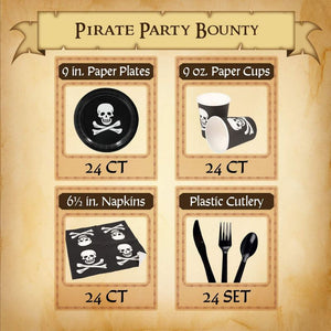 Pirate Party Supplies, Paper Plates, Plastic Cutlery, Cups, and Napkins (Serves 24, 144 Pieces)