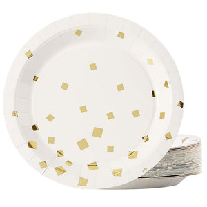 Gold Paper Plates - 48-Pack Gold Foil Square Confetti 9-Inch Disposable Plates, Gold Party Supplies, Appetizer, Lunch, Dessert Round Party Plates