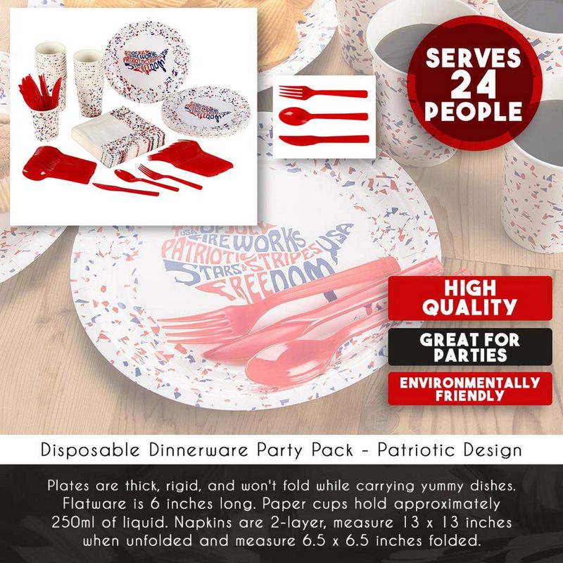 4th of July Party Supplies, Plates, Napkins, Cups, Cutlery (24 Guests, 144 Pieces)