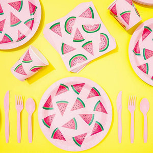 Juvale Watermelon Party Supplies for Summer, BBQs, Birthdays - Plates, Knives, Spoons, Forks, Napkins, and Cups, Pink/Green, Serves 24