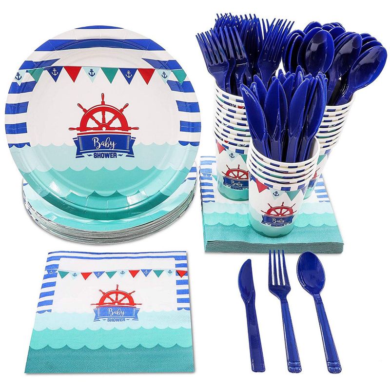 Disposable Dinnerware Set - Serves 24 - Nautical Themed Baby Shower Party Supplies, Includes Plastic Knives, Spoons, Forks, Paper Plates, Napkins, Cups