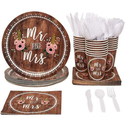 Wedding Decorations for Reception, Paper Plates, Napkins, Cups and Plastic Cutlery (Serves 24, 144 Pieces)