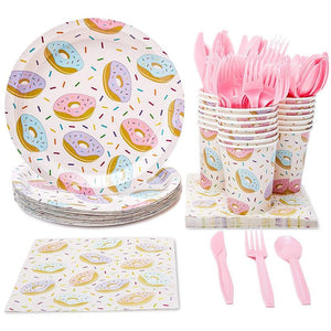 Donut Party Supplies, Paper Plates, Napkins, Cups and Plastic Cutlery (Serves 24, 144 Pieces)