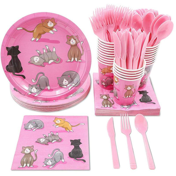 Cat Birthday Party Supplies, Paper Plates, Napkins, Cups and Plastic Cutlery (Serves 24, 144 Pieces)