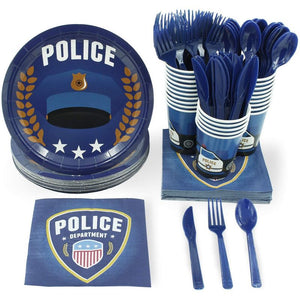 Police Party Bundle, Includes Plates, Napkins, Cups, Cutlery (24 Guests,144 Pieces)