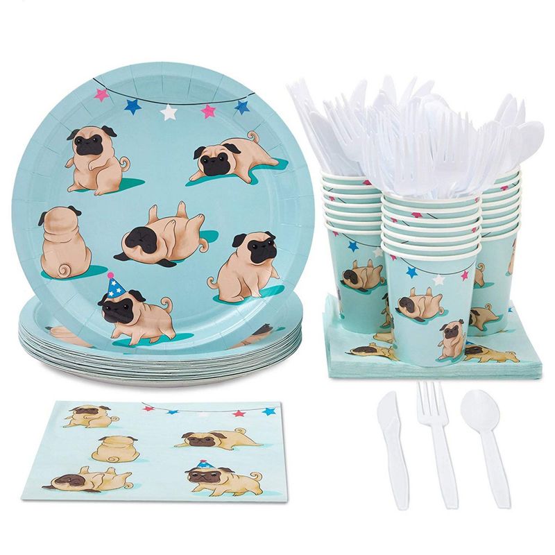 Bluey party supplies consists of paper plates, cups, serviettes